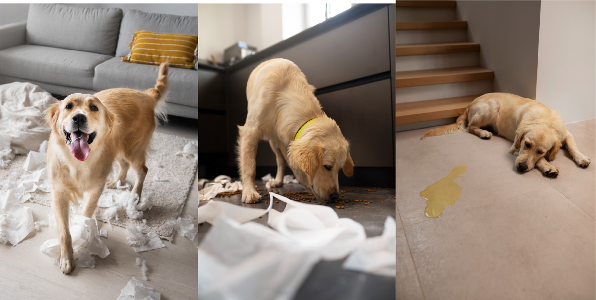 Collage of a Golden Retriever dog showing signs of separation anxiety: tearing up cushions and paper, throwing food in the kitchen, and urinating on the floor of the house. Dog separation anxiety training