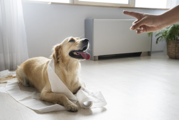 Golden Retriever dog lying on the floor, tangled in unrolled toilet paper, looking upwards as a human hand points at him.