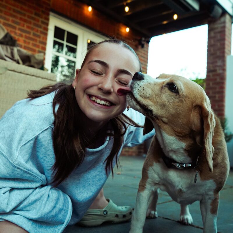 Dog licking a girl´s face during a positive reinforcement training session in Atlanta